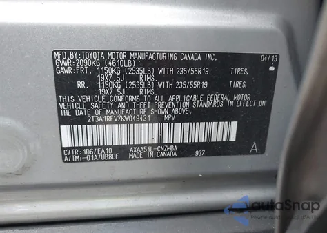 2019 Toyota Rav4 Xle Premium из США, поврежденный, VIN 2T3A1RFV7KW049431